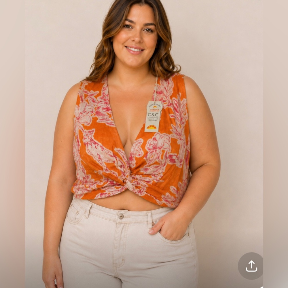 C&C California Linen Sleeveless Crop Top XL 100% Linen Boho Beach Zipper